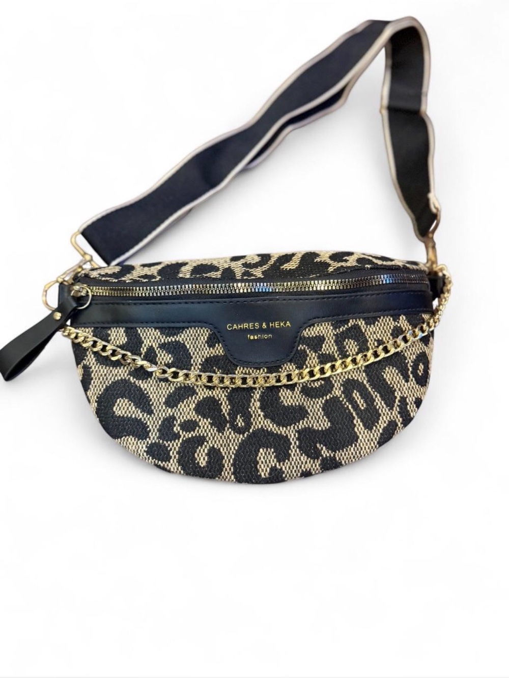 Leopard Print Crossbody Belt Bag with Gold Chain  Canvas Fanny Pack NEW